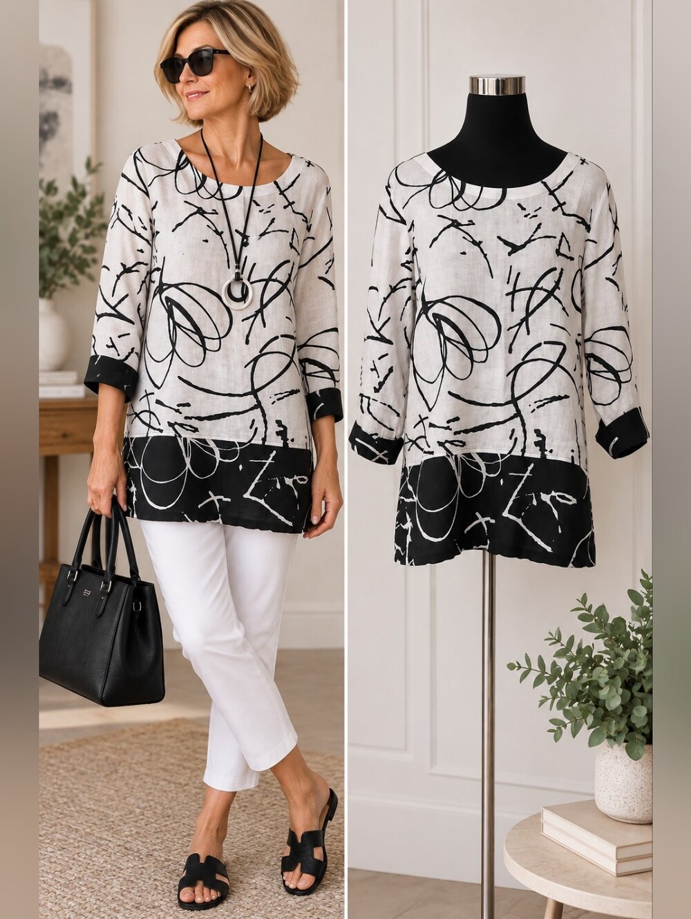 Dolcezza 100% Linen Abstract Art Print Tunic Top M Black White